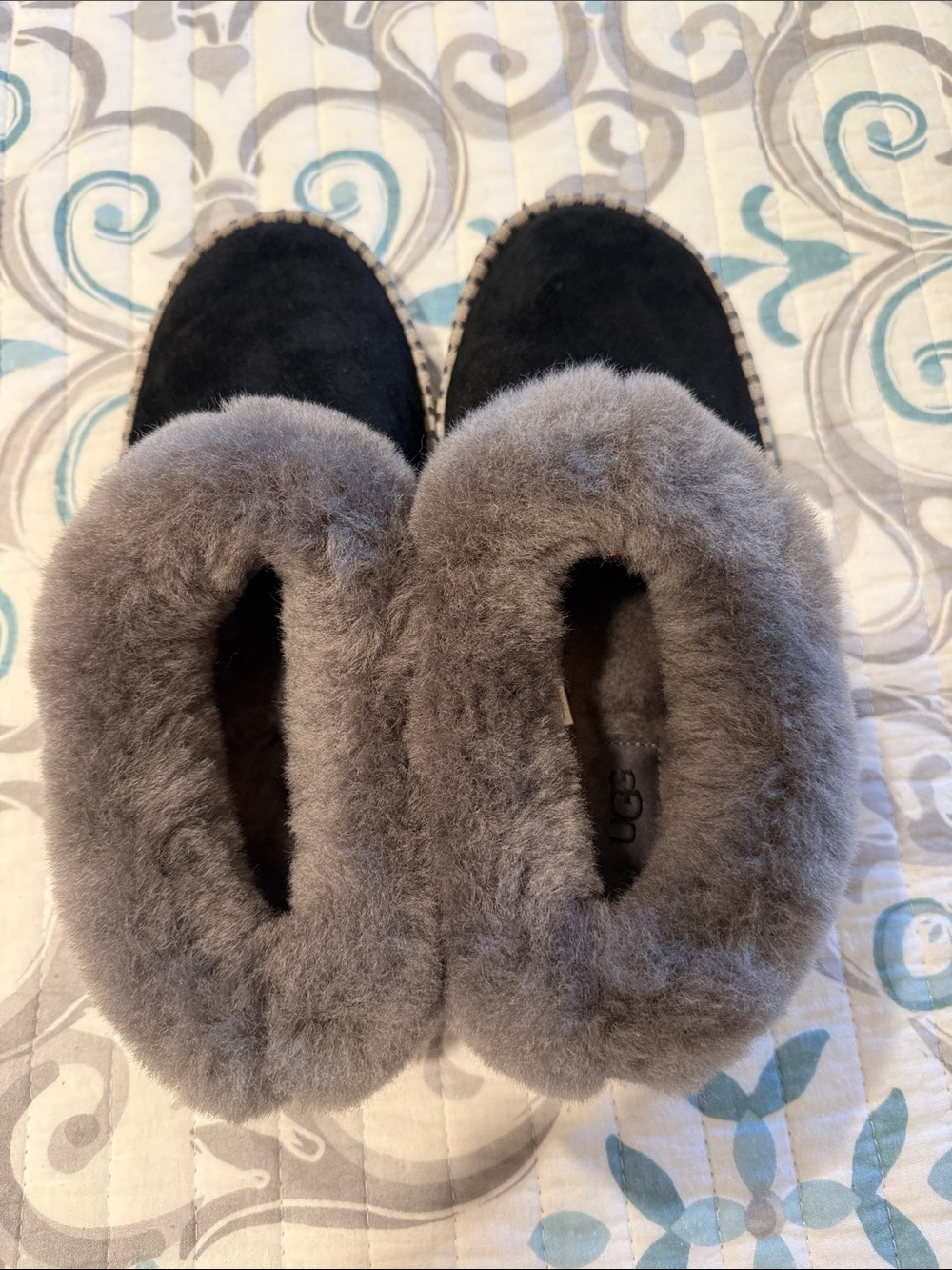 UGG Women’s Black Suede Slippers with Gray Faux Fur Collar - Picture 4 of 7